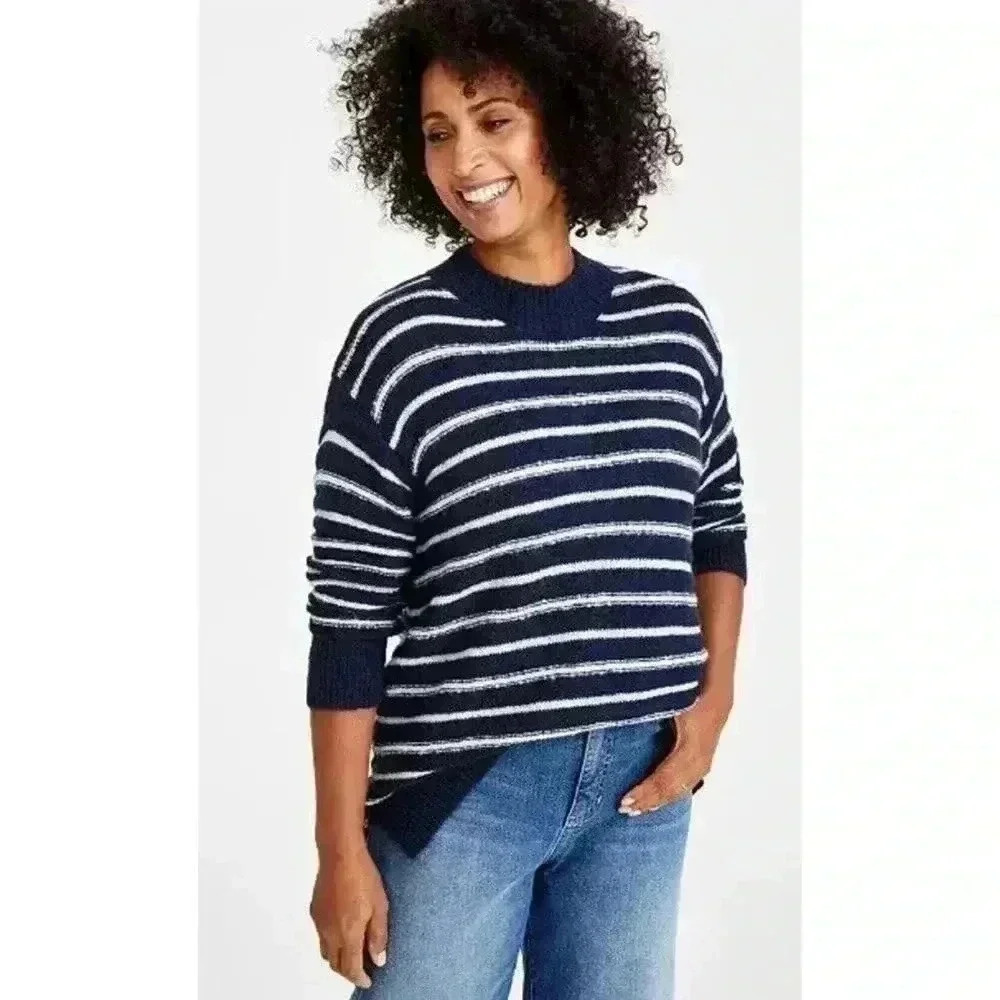Style & Co Women’s Textured Crewneck Tunic Sweater Striped White Navy Size 0X